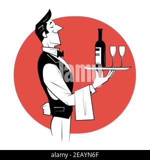Cameriere che contiene un vassoio argentato con una bottiglia di vino e bicchieri da vino. Illustrazione dello stile di schizzo. Illustrazione Vettoriale