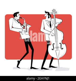 Concept per poster jazz. Due uomini che suonano sassofono e contrabbasso su sfondo rosso. Illustrazione dello stile di schizzo. Illustrazione Vettoriale