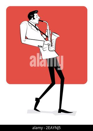 Concept per poster jazz. Uomo che gioca sassofono su sfondo rosso. Illustrazione dello stile di schizzo. Illustrazione Vettoriale