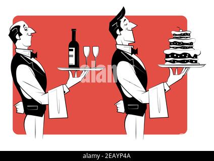 Due camerieri contengono vassoi in argento con torta e una bottiglia di vino e bicchieri da vino. Illustrazione retrospettiva nello stile di schizzo. Illustrazione Vettoriale