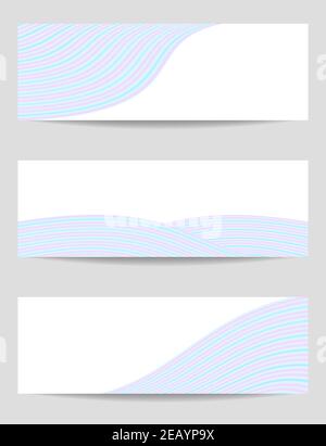 Set di 3 striscioni in blu, rosa. Forme d'onda vettoriali sfocate, sfondo bianco. Curve ondulate pastello. Layout per volantino, opuscolo, coupon, sito Web, voucher. EPS10 Illustrazione Vettoriale