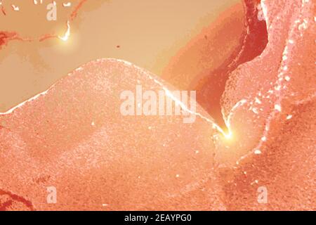 Motivo rosa pesca e oro con texture di marmo e scintille. Background vettoriale astratto nella tecnica dell'inchiostro alcolico. Vernice moderna con glitter. Illustrazione Vettoriale