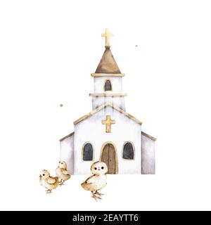 Concetto di Pasqua. Cazzo di Pasqua e la chiesa. Pittura a mano cute acquerello isolato illustrazione su bianco bacgkorund Foto Stock