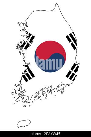 Mappa della Corea del Sud con bandiera - contorno di uno stato con bandiera nazionale, sfondo bianco, vettore Illustrazione Vettoriale