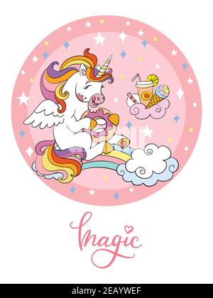 Carino unicorn cartoon mangiare una ciambella in cerchio. Illustrazione del poster isolato dal vettore. Per cartoline, poster, design per vivai, biglietti d'auguri, adesivi, ro Illustrazione Vettoriale