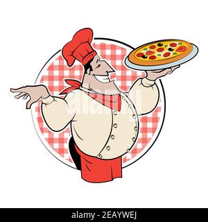 Chef italiano con pizza appena sfornata. Illustrazione cartoon. Illustrazione Vettoriale