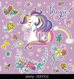 Insieme di sognare unicorno cartoon con elementi magici. Illustrazione vettoriale isolata. Per cartoline, poster, design per vivai, biglietti d'auguri, adesivi, roo Illustrazione Vettoriale