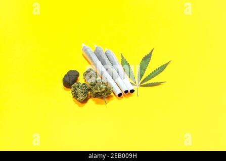 Diverse preparazioni di marijuana: Gemme di cannabis e hashish. Tipi di cannabis, articolazioni e foglie di marijuana isolati su sfondo giallo. Foto Stock