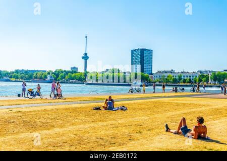 ROTTERDAM, PAESI BASSI, 5 AGOSTO 2018: La gente sta godendo una giornata di sole sulla riva del fiume a Rotterdam, Paesi Bassi Foto Stock