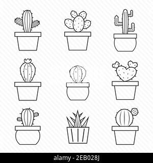 Insieme di icone vettoriali di cactus su sfondo bianco. Illustrazione vettoriale a livelli facilmente modificabile. Illustrazione Vettoriale