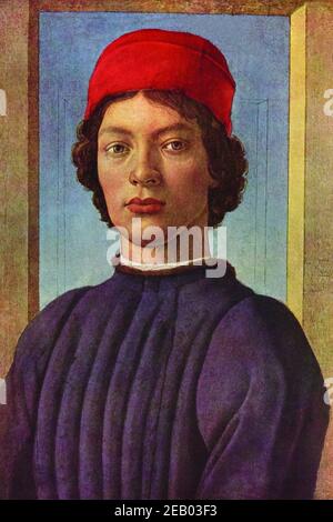Ritratto di un giovane uomo con cappuccio rosso 1475 Foto Stock