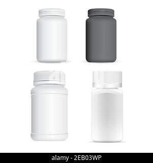 Flacone di plastica per pillola. Vaso di supplemento bianco, contenitore 3d vuoto. Confezione di compresse di medicina farmaceutica mockup. Capsula di prescrizione, vaso di aspirina Illustrazione Vettoriale