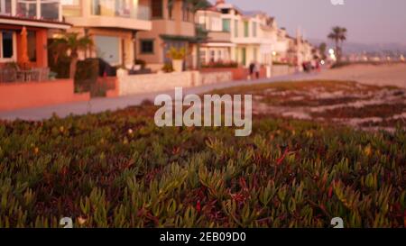 L'estetica della spiaggia del crepuscolo estivo della California, il tramonto rosa sulle case del fine settimana fronte spiaggia. Persone sfocate sfocate a piedi, lungomare a Newpor Foto Stock