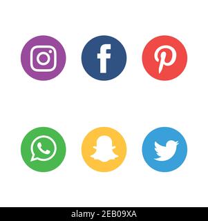 Set di icone dei social media più diffusi. Icone Instagram, Facebook, Twitter, Snapchat, WhatsApp e Pinterest. Illustrazione Vettoriale