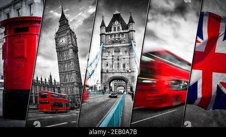 Collage dei simboli di Londra, il Regno Unito. Autobus rossi, Big ben, posta rossa e bandiera Union Jack. Inghilterra tradizionale in stile vintage, retrò. Rosso i Foto Stock