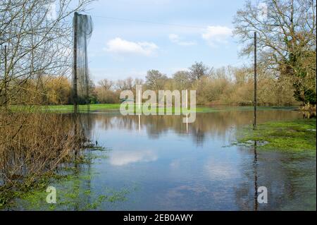 Denham, Buckinghamshire, Regno Unito. 11 Febbraio 2021. Il campo pratica allagato del Buckinghamshire Golf Club. A seguito di recenti forti precipitazioni, il fiume Colne nel Denham Country Park ha fatto esplodere le sue sponde. A causa delle temperature di congelamento prolungate, sia le macchie di neve che le inondazioni rimangono in alcune parti del parco. Credit: Maureen McLean/Alamy Live News Foto Stock