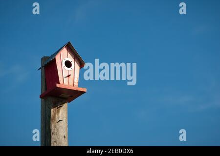 Casa di uccelli rossa sulla cima di una lunga tavola di legno contro il blu sfondo del cielo Foto Stock