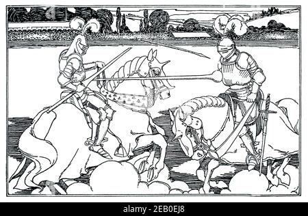 Illustrazione di Ivanhoe, cavalieri medievali che scagliano, illustrazione da Sunderland Rollison in 1898 lo studio un giornale illustrato di fine e applicato A. Foto Stock