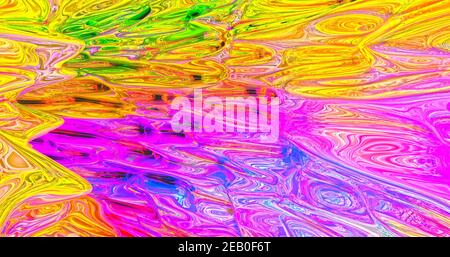 Composizione astratta di olio liquido arte mescolando blu, rosso, arancione, verde e viola colori formando onde. Illustrazione 3D Foto Stock