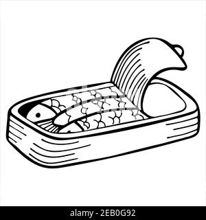 Pesce in scatola, illustrazione vettoriale isolata disegnata a mano Illustrazione Vettoriale