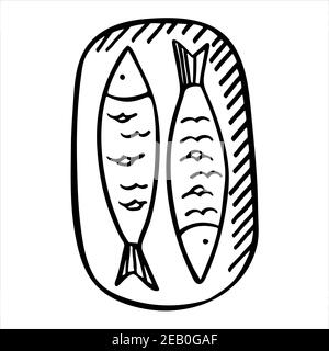 Pesci in scatola, illustrazione vettoriale isolata disegnata a mano Illustrazione Vettoriale