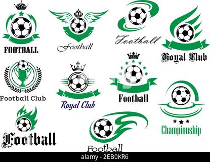 Set di emblemi e loghi calcistici per club sportivo, campionato con palle, banner a nastro, trofeo, corone e stelle nei colori nero, bianco e verde i Illustrazione Vettoriale