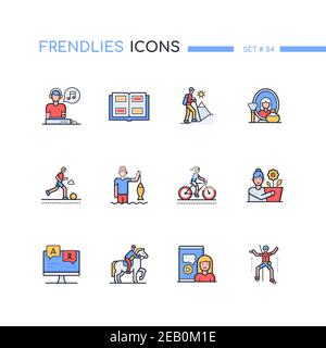 Hobby - Set di icone di stile moderno. Tempo libero, idea sportiva. Musica, raccolta, lingue straniere, trucco, fioritura, blogging, pesca, cic Illustrazione Vettoriale