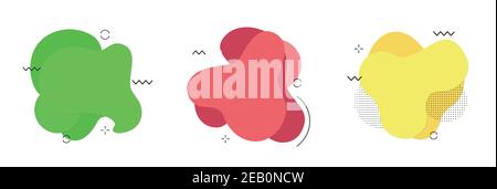 Set di blob fluidi isolati blu e rosso, punti liquidi verdi e violetti in gradiente. Disegno astratto o sfondo volantino Illustrazione Vettoriale