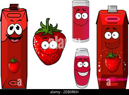 Set di cartoon colorato succo di fragola o frullato icone con due diversi design cartone confezioni, pieno di bicchieri da bevande e frutti di bosco con l'amico Illustrazione Vettoriale