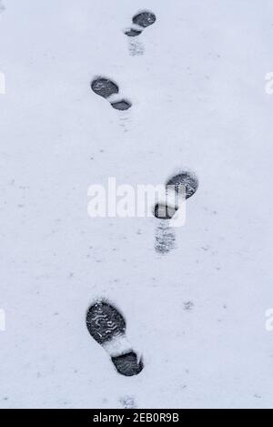 Stampe di stivali nella neve, a Southend on Sea, Essex, UK, con neve da Storm Darcy. Impronte che portano via Foto Stock