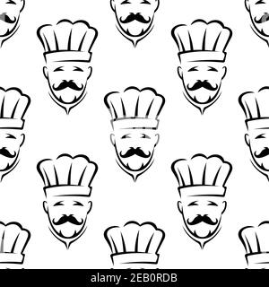 Design continuo ripetuto con contorni di esperienza moutached chef o. cuocete in toque tradizionale per il ristorante o gli sfondi di cibo Illustrazione Vettoriale