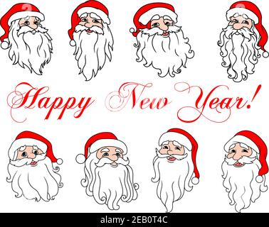 Set di Babbo Natale ridendo teste icone in stile cartoon con cappello tradizionale rosso, grande barba bianca e testo di saluto felice anno nuovo Illustrazione Vettoriale