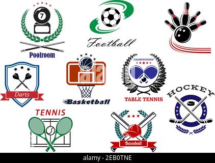 Logo sportivo e emblemi per calcio o calcio, tennis, freccette, hockey su ghiaccio, pallacanestro, biliardo, bowling, baseball con scudo araldico, alloro wrea Illustrazione Vettoriale