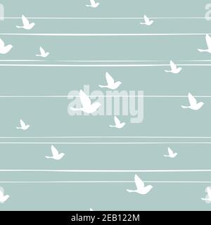 Modello astratto senza cuciture con uccelli volanti su sfondo blu con strisce bianche shabby. Illustrazione vettoriale. Illustrazione Vettoriale