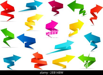 Striscioni con frecce ritorte in origami luminosi con spazio per la copia in rosso, giallo, verde e blu per la presentazione aziendale e il web design Illustrazione Vettoriale
