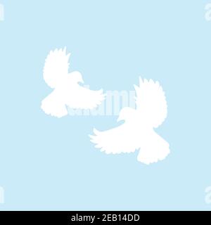 Due colombe bianche isolate su sfondo blu. Uccelli nel cielo. Illustrazione vettoriale. Icona piatta Illustrazione Vettoriale