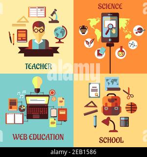 Concetto piano di istruzione con applicazioni mobili scientifiche, cancelleria scolastica, web Education e strumenti per insegnanti in sfondi colorati Illustrazione Vettoriale