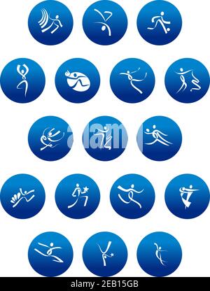 Icone di ginnastica sportiva e artistica con silhouette astratte bianche per sportivi cerchi blu per il design sportivo della competizione Illustrazione Vettoriale