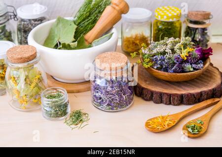 Home concetto di farmacia a base di erbe. Lotto di piante di rimedio di erbe asciutte differenti ( chamaenerion angustifolium, Achillea millefolium, Tilia platyphyllos. Foto Stock