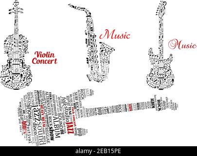 Chitarre nere astratte, violino, sassofono fatto da note, simboli musicali e nuvole di parole con didascalie rosse Musica e Concerto di violino per il design musicale Illustrazione Vettoriale