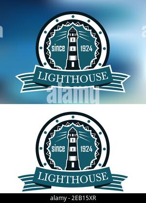 Logo o emblema del faro blu retrò che mostra la vecchia torre faro e data fondazione incorniciata in timbro rotondo con nastro a strisce banner su bianco e sfocato Illustrazione Vettoriale