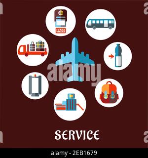 Aeroporto e linea aerea di servizio flat concetto con aereo circondato cerchi bianchi raffiguranti il controllo del passaporto, rivelatore di metalli, cancello di sicurezza, deposito bagagli Illustrazione Vettoriale