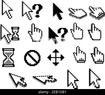 Icone di cursore grafico pixelato di frecce, mani del mouse, punti interrogativi, clessidra, accesso negato per interfaccia software e web design Illustrazione Vettoriale