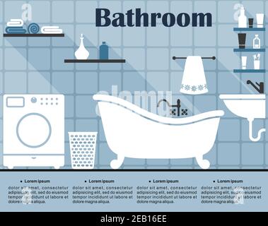Interno bagno blu in stile piatto che mostra la parete con piastrelle, vasca, lavello, lavatrice, cesto di biancheria e ripiani con asciugamani e tubi Illustrazione Vettoriale