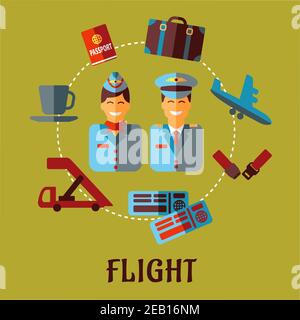 Infografica aerea in stile piatto con sorridente stewardess e pilota in uniformi pittogrammi di volo circondati che mostrano passaporto, valigia, aereo, Illustrazione Vettoriale