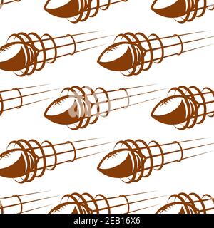 Sfondo sportivo senza cuciture di palle di rugby in pelle marrone che volano attraverso l'aria con tracce di movimento per il riempimento di pagina o flyleaf design Illustrazione Vettoriale