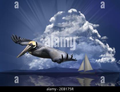 Un pellicano fugge da una tempesta in avvicinamento in una scena oceanica con una barca a vela e minaccioso cielo di fondo. Questa è un'illustrazione in formato 3-d. Foto Stock