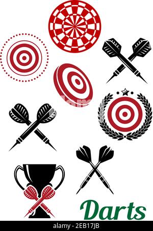 Freccette elementi di design per emblemi sportivi o logo, tra cui freccette incrociate, freccette bersaglio con linea rossa, coppa trofei e testo freccette in nero e rosso c. Illustrazione Vettoriale