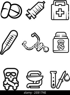 Icone vettoriali in bianco e nero con compresse, siringa, kit di pronto soccorso, termometro, stetoscopio, veleno, caduceo e provetta Illustrazione Vettoriale