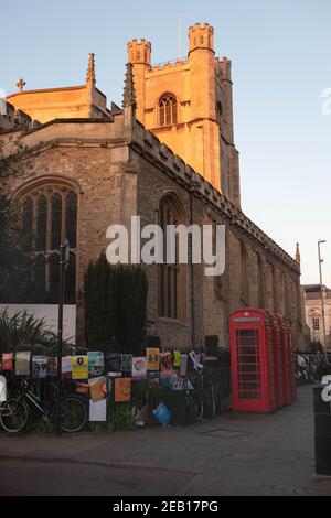 Biciclette e poster su recinzione metallica accanto al telefono rosso Box accanto alla Great St Marys Church, la University Church In Kings Parade Cambridge Inghilterra Foto Stock